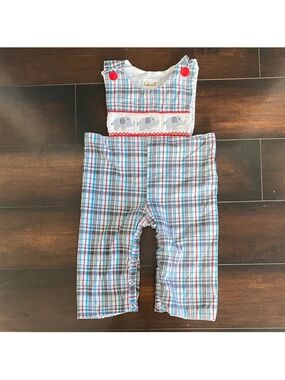Vintage Plaid Smocked Elephant Overalls Blue & Red